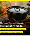 Seasoned 8 Quart Cast Iron Camp Dutch Oven with Lid on campfire, emphasizing non-toxic and sustainable manufacturing.