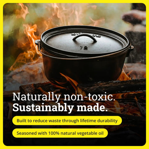 Seasoned 8 Quart Cast Iron Camp Dutch Oven with Lid on campfire, emphasizing non-toxic and sustainable manufacturing.