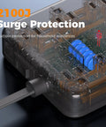 Heavy Duty Surge Protector Power Strip With An Incredibly Flat Plug 5 Foot Extension Cord In Black showing internal surge protection components.