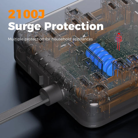 Heavy Duty Surge Protector Power Strip With An Incredibly Flat Plug 5 Foot Extension Cord In Black showing internal surge protection components.