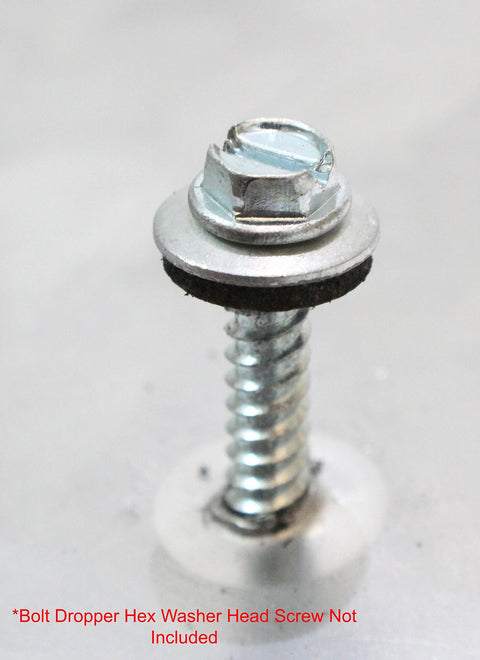 Close-up of stainless steel bolt dropper with hex washer head and EPDM sealing washer