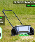 60 Pound Walk Behind Drop Spreader With 15000 Square Feet Coverage Adjustable Drop Rate Durable Composite Hopper Perfect For Fertilizer And Grass Seed Easy To Clean demonstrating 22-inch spread pattern on a lawn