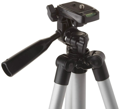 Close-up of the 3-way pan head on the Sturdy 50 Inch Aluminum Tripod For DSLR And Mirrorless Cameras with bubble level.