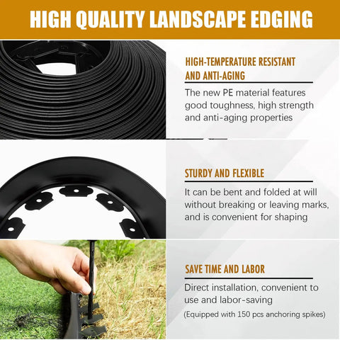2 Inch 100 Ft Landscape Edging Kit With 150 Anchoring Spikes And 5 Connectors, highlighting features and installation ease.