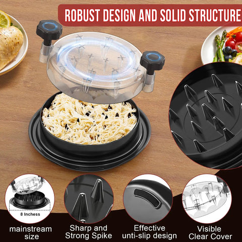 Chicken Shredder Tool 8 Inch With Clear Lid And Ergonomic Handle, BPA Free, showing shredded chicken and robust design features.