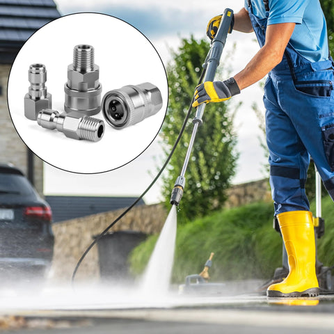 Qoroos 4-set NPT 1/4in stainless steel quick-connect pressure washer fittings kit; shows user operating a washer.