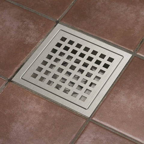 6 Inch Square Shower Floor Drain Kit In Brushed Nickel Finish installed on tiled bathroom floor