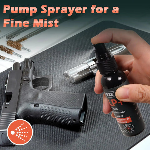 Hand using 4 In 1 CLP Gun Lubricant Kit with 2 oz fine mist sprayer near pistol and cleaning tools