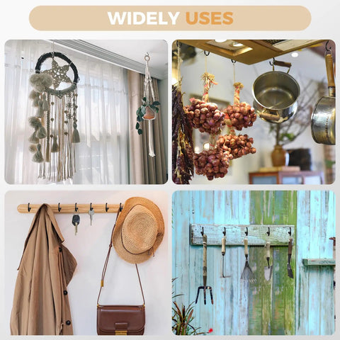 Heavy Duty Black Screw In Cup Hooks One And One Quarter Inch Metal 50 Pack Great For Hanging Kitchen Tools Garage Storage And More Rust Resistant With Smooth Edges For Easy Installation shown in various uses including hanging dreamcatcher, pots, coats, and gardening tools.