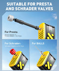 Mini Bike Pump With Gauge Auto Stop 120 Psi Portable Hand Pump showing Presta, Schrader valves, and ball adapter.