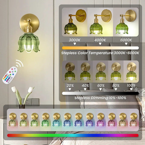 Rechargeable Battery Operated Wall Sconces Set Of 2 5000mAh Dimmable Wireless Lights With Remote Cordless Glass Flower Sconces details