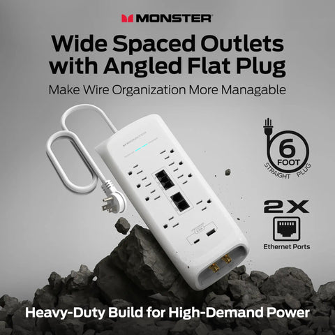 Heavy Duty Surge Protector Power Strip With 8 Outlets And 6 Ft Cord, 4050J Rating, USB A And USB C Charging, 2 Ethernet Ports, Built Tough As Nails For Your Setup, 24 Pack with wide spaced outlets.