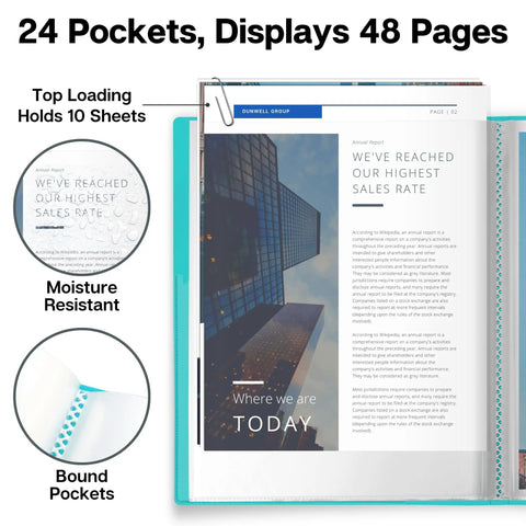 Meeting Ready 24-Pocket Presentation Binder For 8.5x11 Documents, 48 Page Capacity With Plastic Sleeves Aqua Portable Portfolio shown open with documents