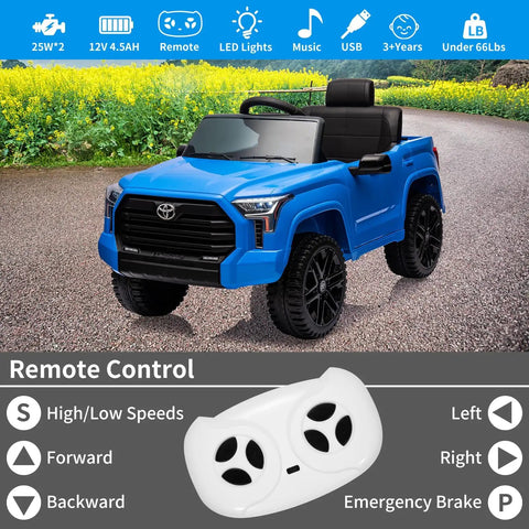 Toyota Tundra Licensed 12V Kids Ride On Truck With Realistic Grille, Brand Logos, And Kid Friendly Functional Pickup Bed, Electric Battery Powered Outdoor Adventure Car For Young Drivers, blue with remote