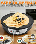 12 Inch Electric Crepe Maker With Nonstick Surface, adjustable temperature control, and LED indicator lights in kitchen setting