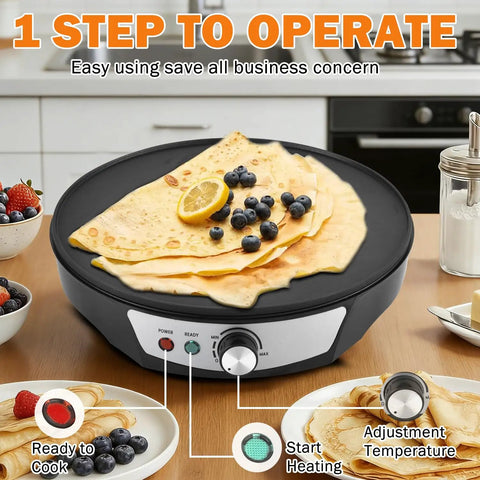 12 Inch Electric Crepe Maker With Nonstick Surface, adjustable temperature control, and LED indicator lights in kitchen setting