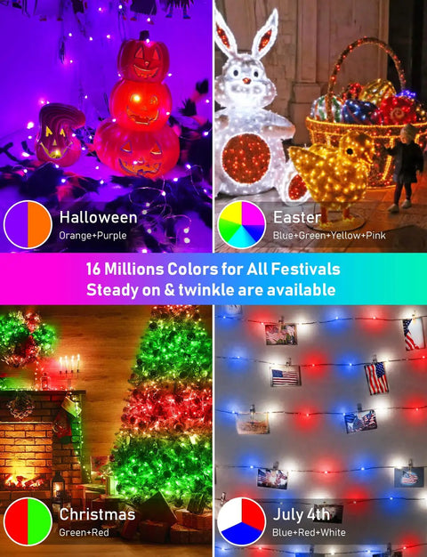 RGB Fairy String Lights 33ft With 66 LEDs App Control 44 Modes Color Changing Music Sync for festive holiday decorations