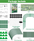67 Piece Garden Netting Kit 10x25 Ft Ultra Fine Pest Barrier Netting With 6 Hoops And 12 Clips shown with components and dimensions.