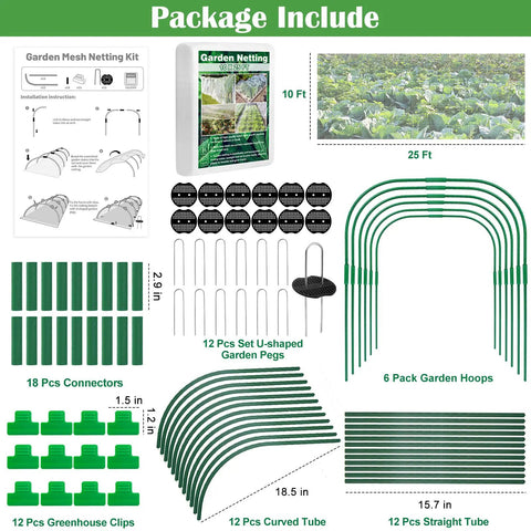67 Piece Garden Netting Kit 10x25 Ft Ultra Fine Pest Barrier Netting With 6 Hoops And 12 Clips shown with components and dimensions.