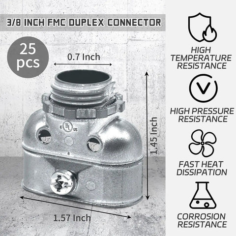 Duplex 3/8 In Wire Box Connector Set For Flex AC MC NM Cables, zinc die-cast fitting with measurements and durability features.