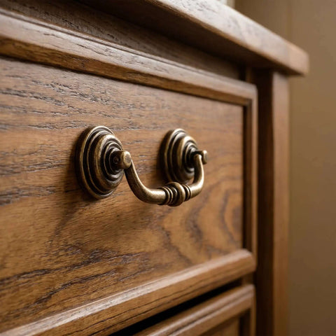 Close-up of Antique Drawer Pulls 4 Pack for Dresser and Cabinet on wood dresser, showing vintage brass knob and handle.