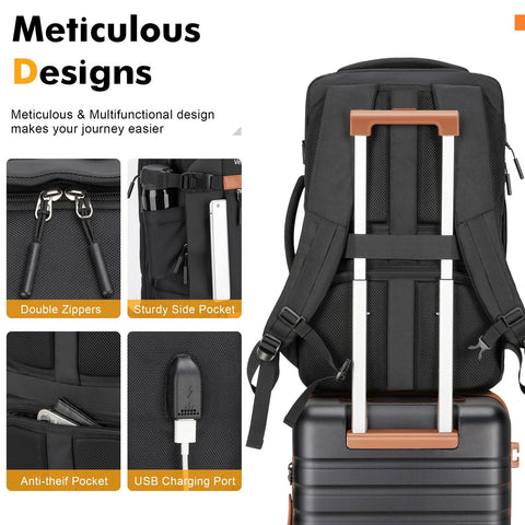 Lightweight 3 Piece Luggage Set With Spinner Wheels From Velaybor showing backpack features like anti-theft pocket and USB port.