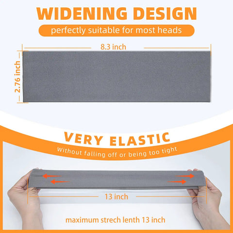 Diagram showing size and elasticity of Eight Pack Headbands For Women And Men Non Slip Sweat Wicking Sports Hairbands Soft Elastic Running Headbands For Working Out Yoga Travel Absorb Sweat And Stay Comfy All Day with 8.3 x 2.76 inches dimensions and 13 inches stretch length.