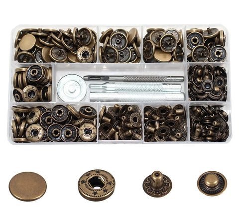 Leather Snap Fasteners Kit 80 Sets 15mm Antique Brass Pro Grade Heavy Duty Snap Buttons With 4 Setter Tools in box