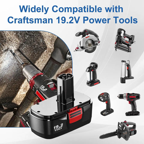 Two Pack 19.2V 4500mAh Ni MH Replacement Battery for Craftsman Cordless Tools DieHard C3 shown with compatible tools