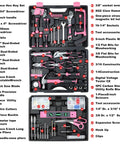 All In One 412 Piece Home And Auto Tool Set With Drawer Organizer And Case For Women And Men Great For Home Repairs DIY Projects And Handyman Tasks Everyday shown in detailed open pink case with tools labeled and organized.
