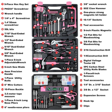 All In One 412 Piece Home And Auto Tool Set With Drawer Organizer And Case For Women And Men Great For Home Repairs DIY Projects And Handyman Tasks Everyday shown in detailed open pink case with tools labeled and organized.