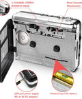 Portable Tape Player with Earphone Jack and MP3 Converter showing open cassette deck and AA battery compartment.