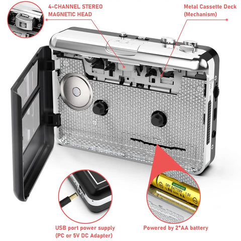 Portable Tape Player with Earphone Jack and MP3 Converter showing open cassette deck and AA battery compartment.