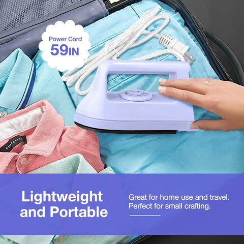 Portable Mini Iron For Crafting And Quilting Projects Compact Electric Heat Press Machine With Fast Heating Function Perfect For Travel shown on clothing in luggage.