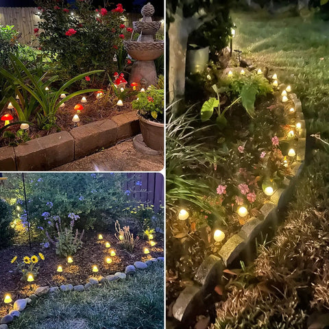 Two Pack 32 LED Mushroom Solar String Lights, 55 Ft Outdoor Waterproof Garden Decoration With 8 Lighting Modes illuminating garden path