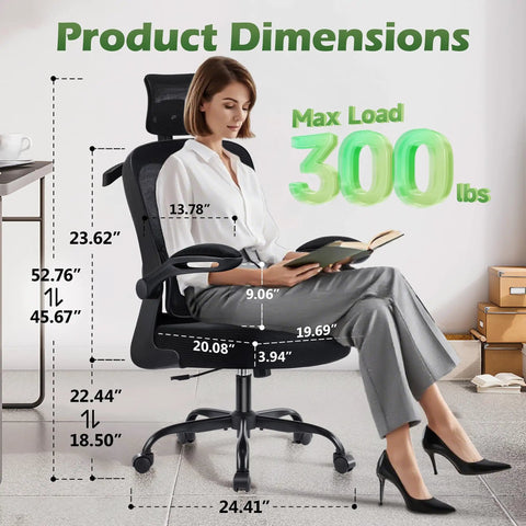 Woman sitting on Ergonomic Office Chair With Adjustable Lumbar Support And Headrest, showing product dimensions.