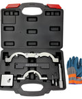Open case of Pro Grade Turbo Engine Timing Tool Kit With Camshaft Locking Tools For Precise Alignment And Easy Timing Chain Replacement On 1.0L 1.2L 1.4L Chevy Cruze Vauxhall Opel And More with gloves alongside.