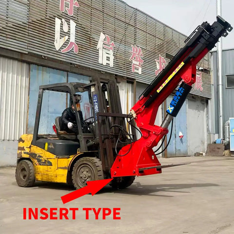 Dope Built Tough Forklift Jib Crane With Hydraulic Telescoping Boom operating on a yellow forklift at a warehouse.