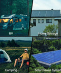 Collage of RV, home solar storage, camping, and solar power system settings for Boss 100 Amp MPPT Solar Charge Controller With LCD Display.