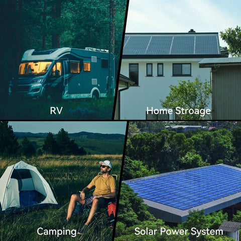 Collage of RV, home solar storage, camping, and solar power system settings for Boss 100 Amp MPPT Solar Charge Controller With LCD Display.