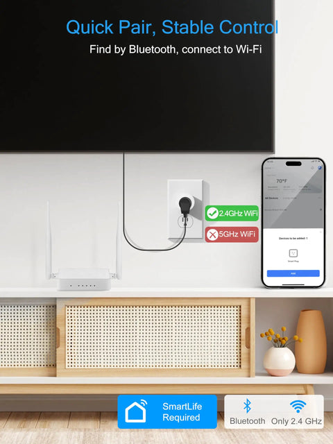 High Power 15A Smart Plug With Bluetooth And WiFi for beefy load appliances, connected to 2.4 GHz WiFi, displayed with smartphone app setup