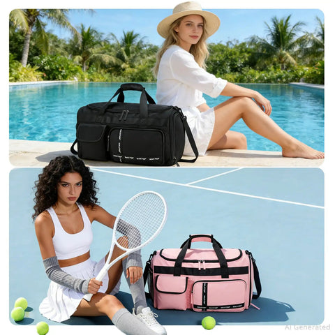 Three In One Travel Gym Bag Set For Women, Large Carry On Duffle Tote with woman on tennis court and girl by poolside