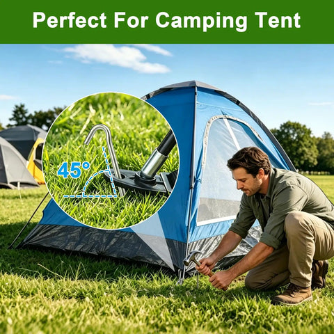 Man using Heavy Duty 9 Inch Galvanized Steel Tent Stakes 25 Pack Rust Resistant Camping Pegs For Tarps Inflatables Garden Edging