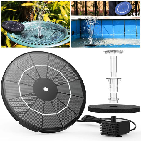 Solar Fountain Pump 3.5W For Water Features Outdoor Bird Bath With Multiple Nozzles, shown assembled and operating in garden settings