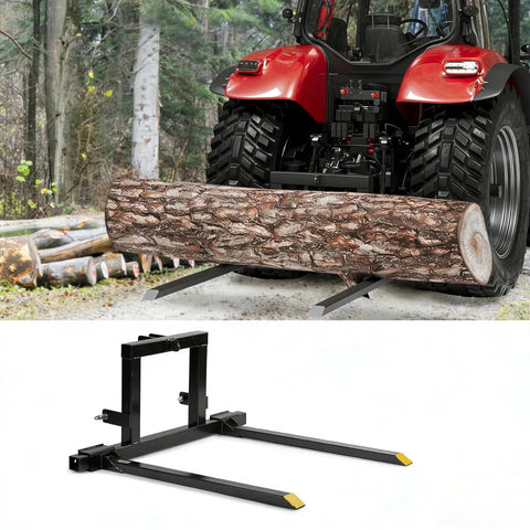 Heavy Duty 1500 Lb 3 Point Hitch Pallet Fork Attachment For Category 1 Tractors Adjustable Forks For Easy Material Handling And Lifting Rust Resistant Steel Frame Built For Tough Job Sites mounted on tractor lifting log