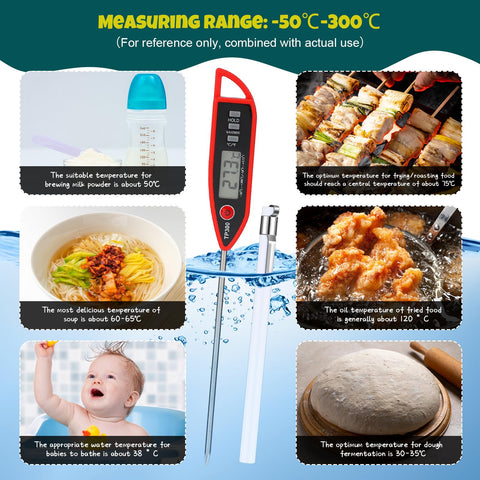 Six Piece Waterproof Digital Food Thermometer Set With Long 9.2 Inch Probes in use for baby formula, noodles, and baking