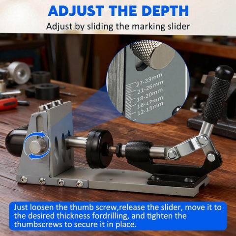 Pro Grade Pocket Hole Jig Kit With Dust Collection, Adjustable 15 Degree Holes, all-metal construction on wooden table.