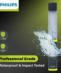 Xperion 6000 UV Pillar Rechargeable LED Work Light With Magnetic Base and Hanger Hook shown splashed with water, IP65 IK07 rating.
