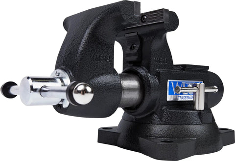 Tradesman SE Black Five And A Half Inch Bench Vise And BASH Sixteen Inch Sledge Hammer Set For The Shop Heavy Duty 60K PSI Ductile Iron Body Enclosed Design That Locks In Lubricant And Takes A Beating For Forming And Tough Work. black 5.5-inch bench vise side view