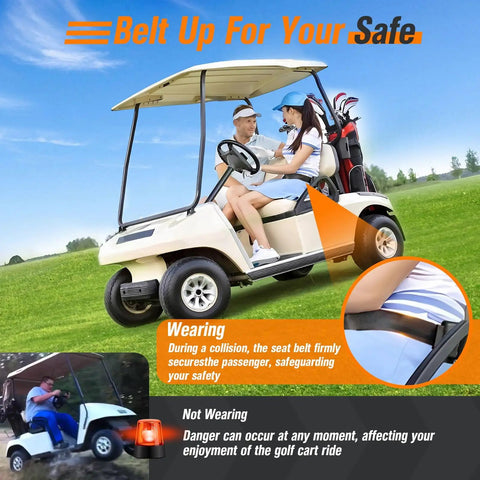 Four Piece Universal Golf Cart Seat Belt Kit DOT Certified With 42 Inch Retractable Belts installed on golf cart front seats